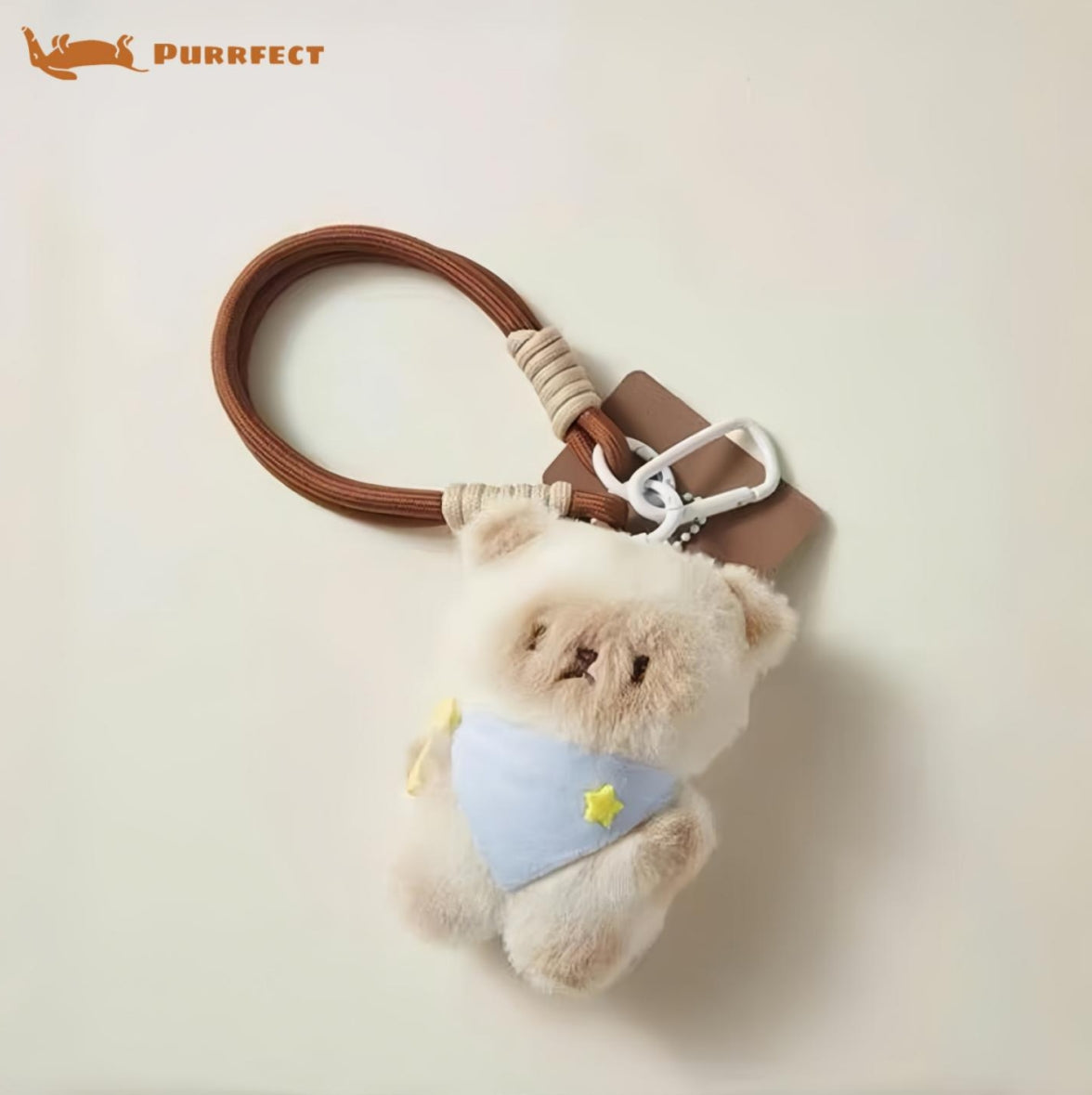 Meowing Spoon-Holding Beige Cat Plush Keychain